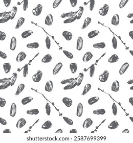 Organic dates pattern seamless. Vector black hand drawn charcoal drawings for dried date label, nutrition packaging design, natural dates syrup. Dried fruits ornament - date sugar banner