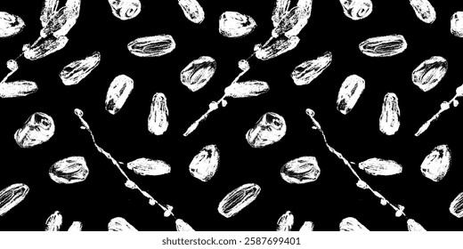 Organic dates pattern seamless. Vector black hand drawn charcoal drawings for dried date label, nutrition packaging design, natural dates syrup. Dried fruits ornament - date sugar banner