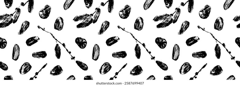 Organic dates pattern seamless. Vector black hand drawn charcoal drawings for dried date label, nutrition packaging design, natural dates syrup. Dried fruits ornament - date sugar banner