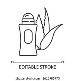 Organic deodorant pixel perfect linear icon. Plant based antiperspirant. Hygiene and dermatology. Thin line customizable illustration. Contour symbol. Vector isolated outline drawing. Editable stroke