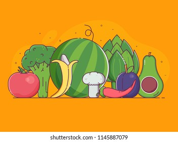 Organic design concept with pile of fresh fruits, vegetables and berries in flat design. Vegetable and fruit harvest background with veggies. Raw vegan and vegetarian food banner for advertising.