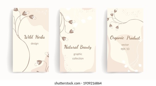 Plantilla de diseño orgánico. Diseño vectorial para publicaciones en medios sociales, historias, banner, móviles, web, y anuncios. Diseño con espacio de copia para texto, formas abstractas, flores. Colores naturales de diseño, marrón, beige, blanco