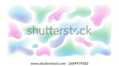 Organic doodle dotwork gradient shapes set. Colorful gradation dynamic halftone figures. Blue and pink abstract fluid paint. Uneven shape splashes. Wavy blobs speckles. Vector background illustration.