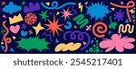 Organic doodle shapes. Abstract vector graphic stickers. Fun modern design elements. Cute clouds star flowers hand drawn geometric forms. Cartoon playful groovy scribbles. Trendy kids naive collage