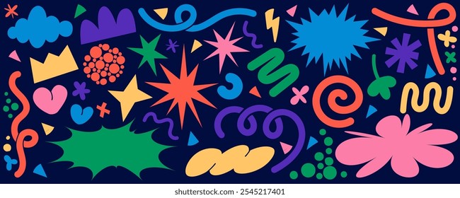 Formas de doodle orgánicas. Pegatinas gráficas de Vector Abstractas. Divertidos Elementos de diseño modernos. Lindas nubes de flores de estrella dibujadas a mano formas geométricas. Dibujos animados juguetones garabatos groovy. Niños de moda ingenuo collage