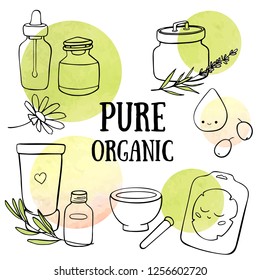 Organic сosmetics doodle. Vector hand drawn illustration. Pure organic lettering. Hand drawn cosmetics set: cream, mask, jar, tube and lotion. Organic сosmetics elements herbs, chamomile, lavender.
