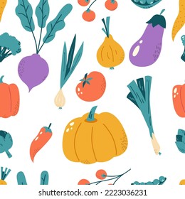 Organic doodle vegetables seamless pattern. Tasty vegetabla, restaurant kitchen textile colorful print. Fresh food snugly vector background