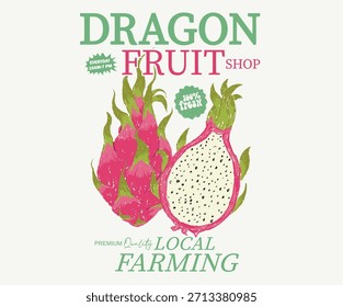 Diseño orgánico de la fruta del dragón para el cartel, la etiqueta engomada, la ropa y otros. Diseño del mercado agrícola. Cultivar localmente dragón orgánico. 