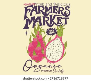 Diseño orgánico de la fruta del dragón para el cartel, la etiqueta engomada, la ropa y otros. Diseño del mercado agrícola. Cultivar localmente dragón orgánico. Diseño de cartel de fruta dulce.