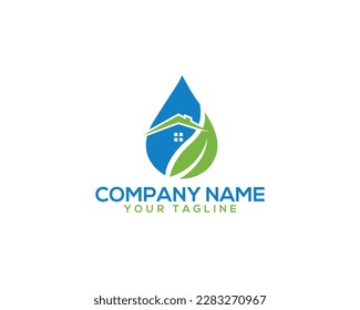 Organic drop water and home logo. Water drops leaf home vector icon.