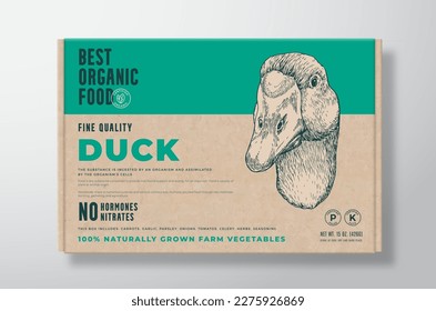 Organic Duck Meat. Vector Poultry Food Packaging Label Design on a Craft Cardboard Box Container Modern Typography and Hand Drawn Goose Head Background Layout