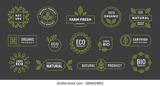 Organic, eco, bio product linear emblem, label, badge set. Vegan food symbol. Leaf line icon.
