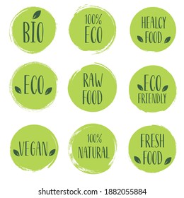 Organic, Eco, Bio, Vegan, Fresh, Natural Food Products Label Stamp. Green Healthy Logo Collection, Vector Icon Circle Element