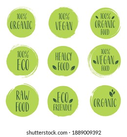 Organic, Eco, Bio, Vegan, Fresh, Natural Food Products Label Stamp. Green Healthy Logo Collection, Vector Icon Circle Element