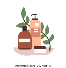 Organic eco cosmetic products in bottles, jars for hair care. Vegan green beauty cosmetics, packs of shampoo, conditioner, mask, gel composition. Flat vector illustration isolated on white background