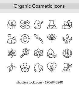 Organic eco cosmetics thin black line icons vector illustration. Outline logo cosmetology collection for beauty products and packaging with safe ecological natural ingredients, editable stroke set