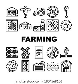 Organic Eco Farming Collection Icons Set Vector. Electrical Tractor And Mill, Organic Farm Greenhouse And Barn, Dairy Products And Eggs Concept Linear Pictograms. Black Contour Illustrations