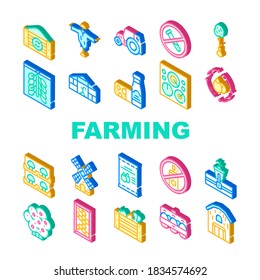 Organic Eco Farming Collection Icons Set Vector. Electrical Tractor And Mill, Organic Farm Greenhouse And Barn, Dairy Products And Eggs Isometric Sign Color Illustrations