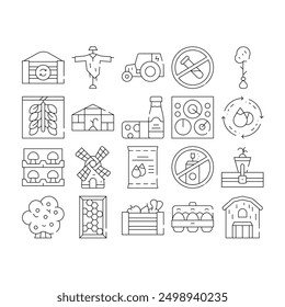 Conjunto de iconos de Colección de agricultura ecológica ecológica Vector. Tractor Eléctrico Y Molino, Granja Orgánica, Invernadero Y Granero, Productos Lácteos Y Huevos Concepto Pictogramas Lineales. Ilustraciones de contorno negro