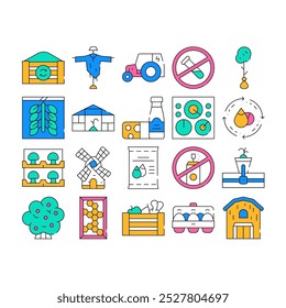 Organic Eco Farming Collection Icons Set Vector. Electrical Tractor And Mill, Organic Farm Greenhouse And Barn, Dairy Products And Eggs Concept Linear Pictograms. color Contour Illustrations