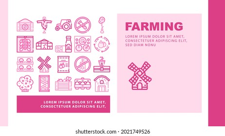 Organic Eco Farming Landing Web Page Header Banner Template Vector. Electrical Tractor And Mill, Organic Farm Greenhouse And Barn, Dairy Products And Eggs Illustration