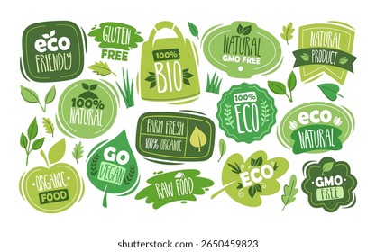 Organic eco food labels, healthy farm products badges, natural gmo free logo, vegan prints set