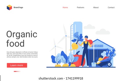 Organic eco food vector illustration. Website interface creative design with cartoon growing harvest vegetables on village farm field, flat farmer character harvesting for sale in agricultural market
