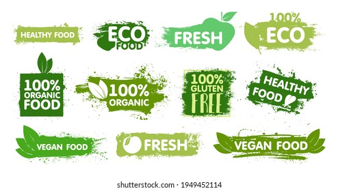 Organic, eco food, vegan, fresh, healthy and gluten free stickers with effect green paint. Organic food labels and healthy foods badges. Stamp and stickers food, vegan, ecological, diet. Vector pack 