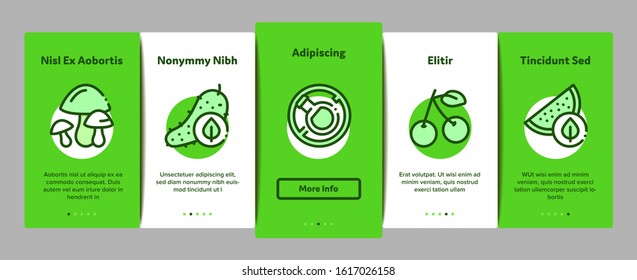 Organic Eco Foods Onboarding Mobile App Page Screen Vector. Organic Tomato And Mushrooms, Peach And Grape, Apple And Cherry Concept Linear Pictograms. Color Contour Illustrations
