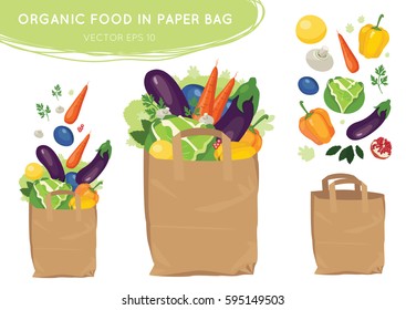 Organic, eco, fresh, vegetarian, vegan food in grocery bag. Template, constructor with shopping paper bag full of healthy colorful products: vegetables, fruits and mushrooms. Vector, isolated on white