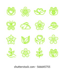 Organic, eco friendly, not tested on animals, vegan, nature lover, cruelty free icon set. Vector illustration.