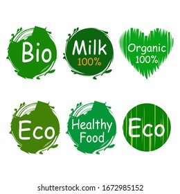 Organic eco heart logo sign Vegan product labels natural food and vegetables badges fresh and healthy product stickers Vector set icon nature farm quality product for eat or drink
