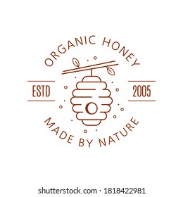 Organic and eco honey label isolated on white background. Outline logo or badge design template. Honey production company, honey package.