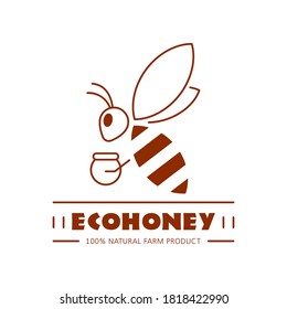 Organic and eco honey label isolated on white background. Outline logo or badge design template. Honey production company, honey package.
