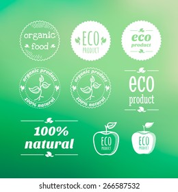 Organic eco natural labels and elements set. Vector blurred  background in green colors