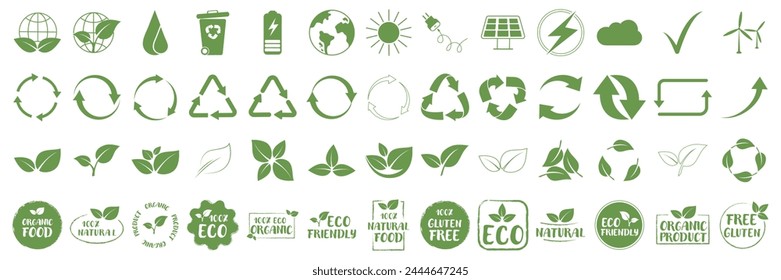 Iconos vectoriales orgánicos y ecológicos. Conjunto grande de Eco, orgánico, sin gluten, respetuoso del medio ambiente, 100%, logotipo de Vector de alimentos naturales