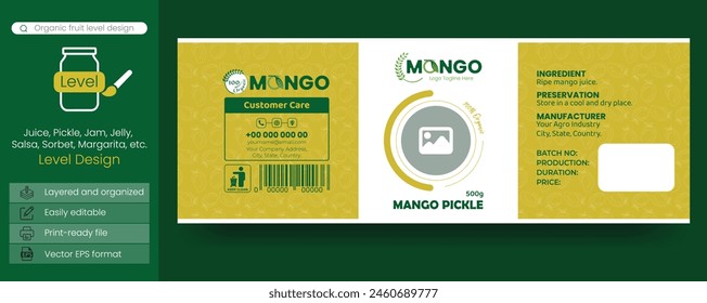 Organic elegance health-conscious label design. Mango juice, pickle or any organic food label template. Product packaging and labeling design template. 
