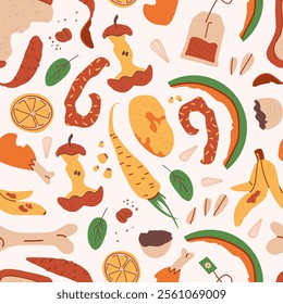 Organic elements seamless pattern. Home food processing, domestic composting. Flat style kitchen scraps and bean card. Eco-friendly concept, Ecological lifestyle