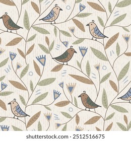 Organic endless pattern with burlap texture of birds sitting on wavy branches with leaves and flowers. Stylized scandinavian botanical background in earth tones.