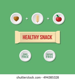Organic energy bar. Healthy snack infographic. Detailed flat style, eps10.