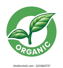 Organic Engraved Round Icon with 2 Green Leaves isolated on a White Background