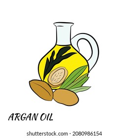 Esbozo de aceite esencial orgánico. Conjunto vectorial de ingredientes capilares.Elementos orgánicos dibujados a mano. Nueces de argán, rama, aceite de botella.
