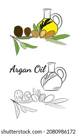 Esbozo de aceite esencial orgánico. Conjunto vectorial de ingredientes capilares.Elementos orgánicos dibujados a mano. Nueces de argán, rama, aceite de botella.