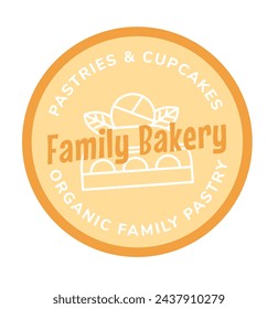 Organic family bakery pastries and cupcakes logo. Freshly baked tasty and nutritious meal and food from wheat for breakfast or lunch. Label or emblem sticker for product package. Vector in flat style