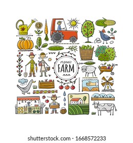 Organic Farm Background For your Design. Harvest Festival. Agriculture collection. Organic farming eco concept. Fresh products, locally grown and organic food. Farmer's Market. Vector illustration