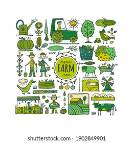 Organic Farm Background For your Design. Harvest Festival. Agriculture collection. Organic farming eco concept. Fresh products, locally grown and organic food. Farmer's Market. Vector illustration