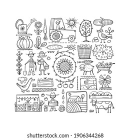 Organic Farm Background For your Design. Harvest Festival. Agriculture collection. Organic farming eco concept. Fresh products, locally grown and organic food. Farmer's Market. Vector illustration