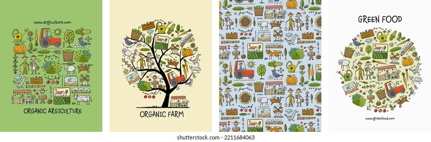 Organic Farm Background For your Design. Harvest Festival. Agriculture collection. Organic farming eco concept. Fresh products, locally grown and organic food. Farmer's Market. Set of 4 concept art