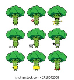 Organic farm cartoon broccoli vegetables with green stalks and lush heads