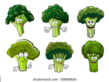 Organic farm cartoon broccoli vegetables with green stalks and lush heads. Funny cabbage family characters for vegetarian food menu, agriculture harvest or farm market design